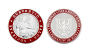 Silberne Feuerwehrcoins in poliert-sandstrahl Finish personalisiert geprägt mit Hartemaillefarben.